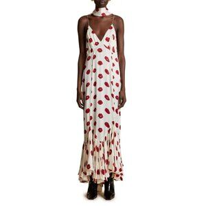 KHAITE Candita Kiss Print LIPS Maxi Dress & Scarf Cream Red Size 10 NWT